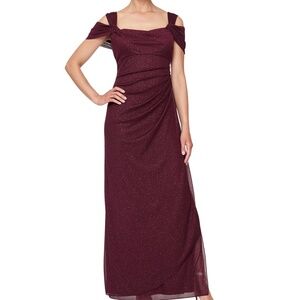 Alex Evenings Cold Shoulder Draped Metallic Gown - Fig - Sz 16